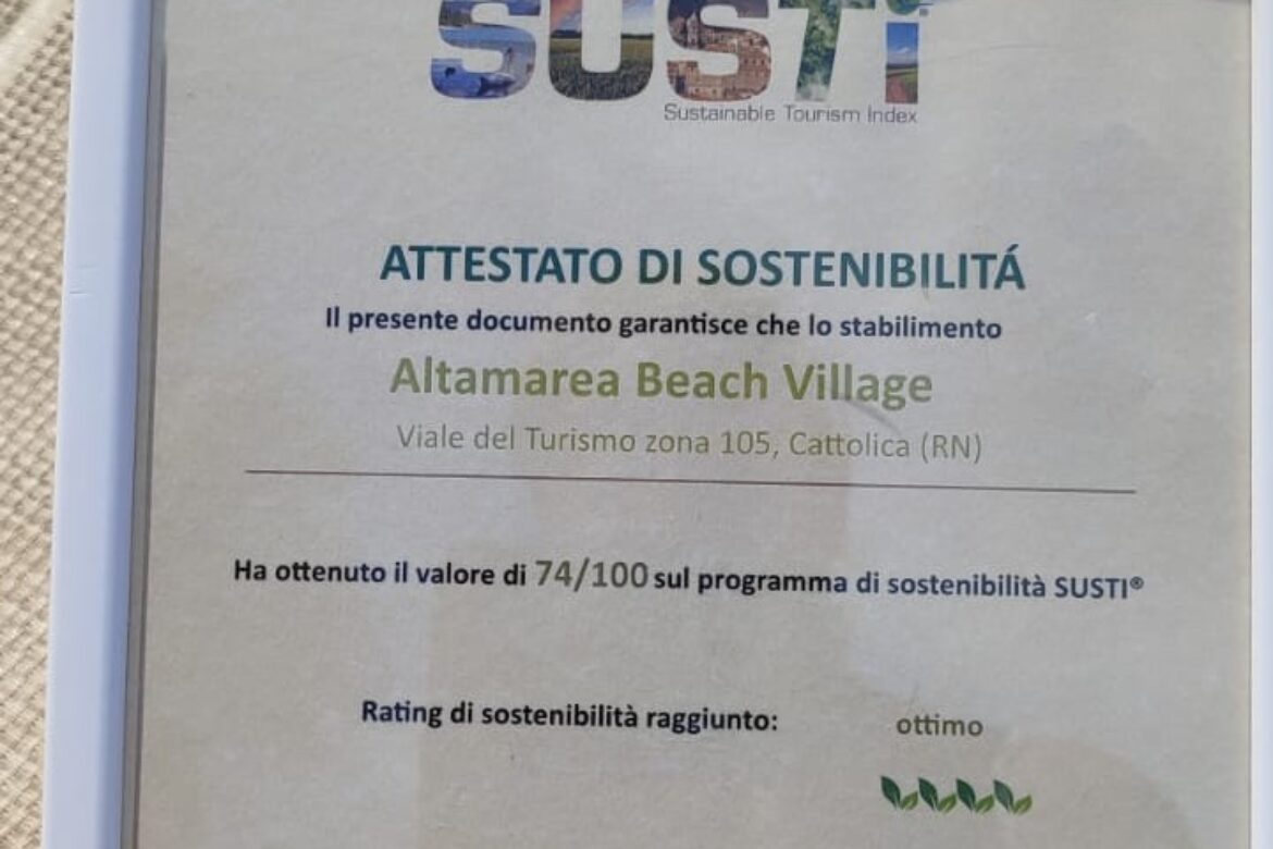 Altamarea Beach Village ottiene il giudizio &ldquo;Ottimo&rdquo; nel Rating SUSTI